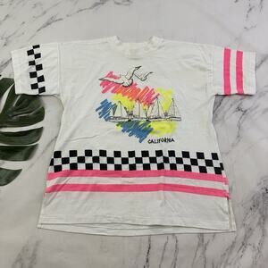 Textile Prints Vintage 80s Graphic Print Tee T-Shirt Size L California Beach